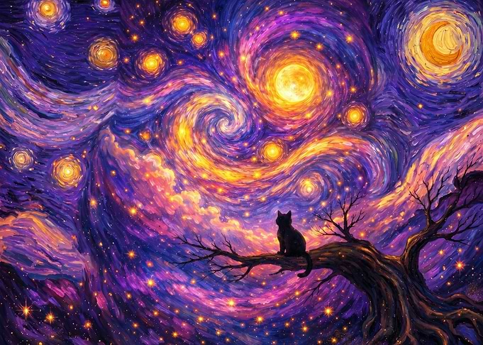 Black Cat on Tree Under Starry Sky