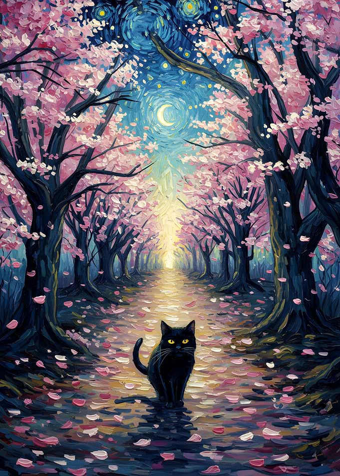 Black Cat in Cherry Blossom Path