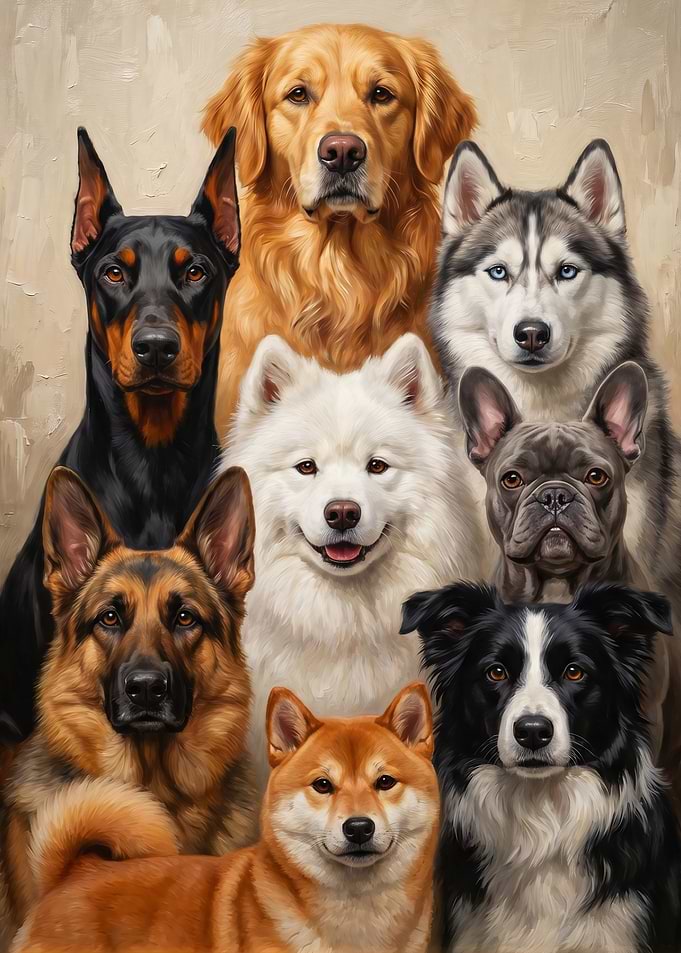 Group Portrait of Various Dog Breeds