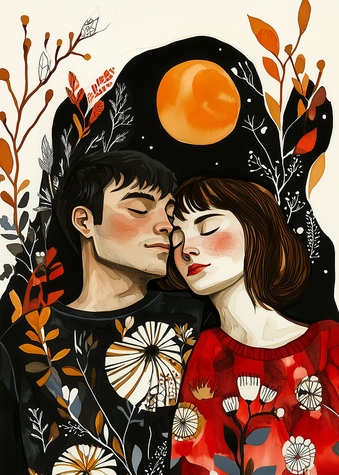 Couple Embracing Under a Full Moon