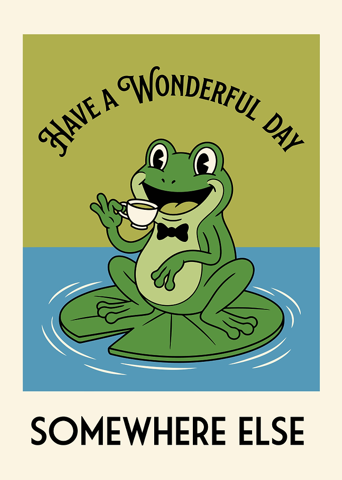 Frog Enjoying Coffee on Lily Pad