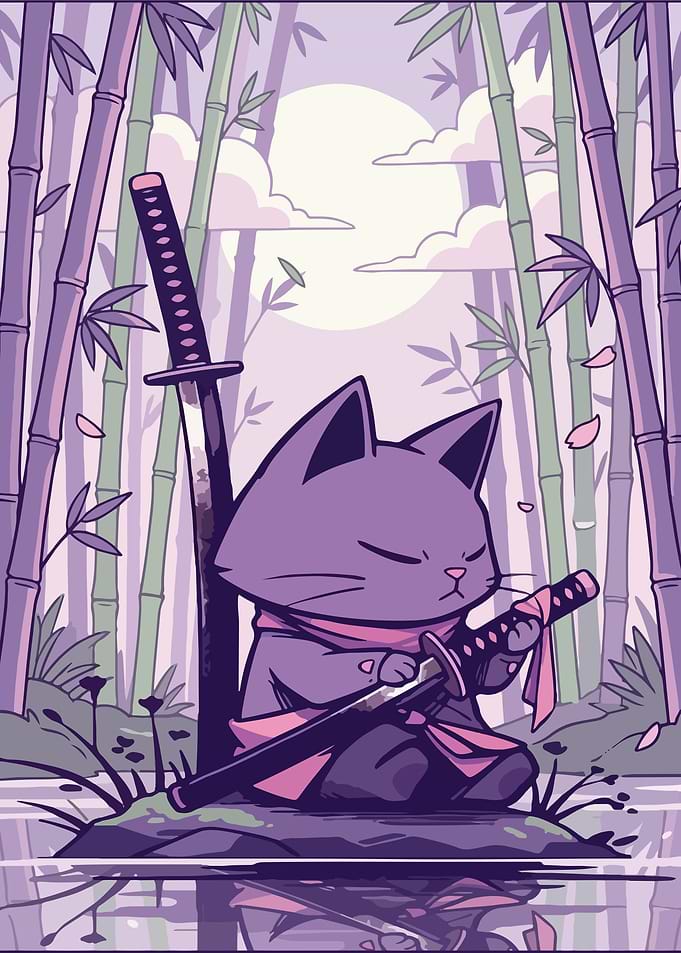 Samurai Cat in Bamboo Forest
