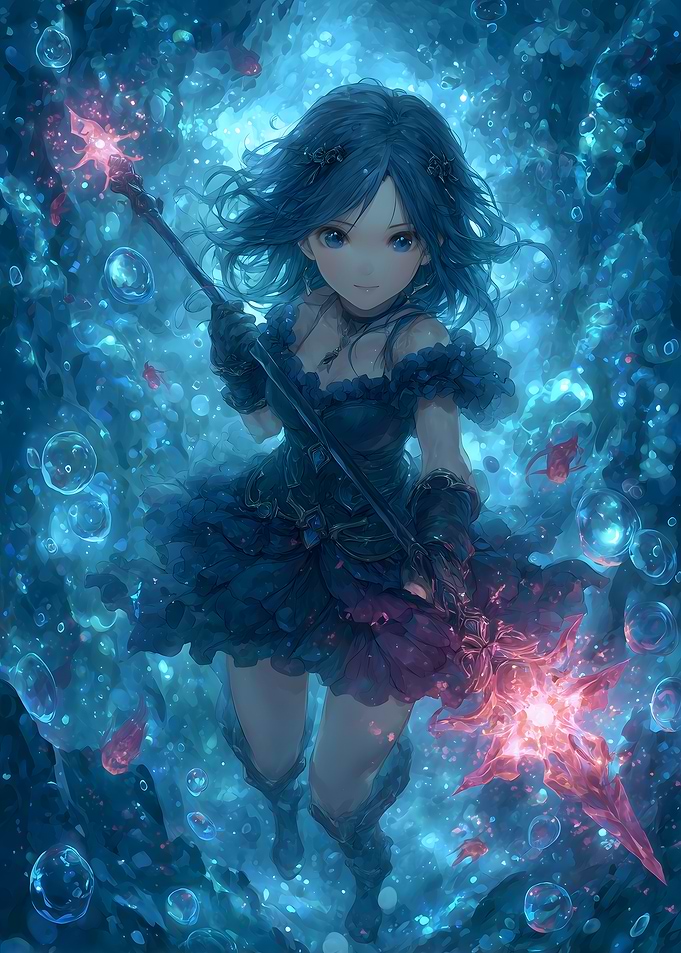 Anime Girl with Magical Staff Underwater