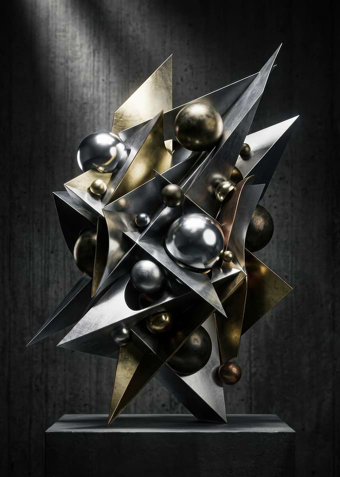 Abstract Geometric Sculpture with Metallic Spheres