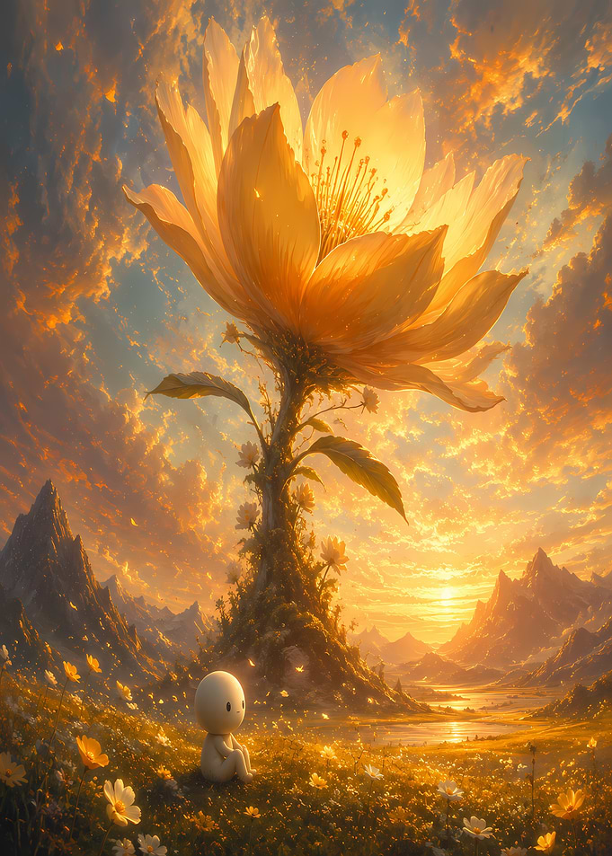 Giant Flower and Cute Character in Golden Landscape