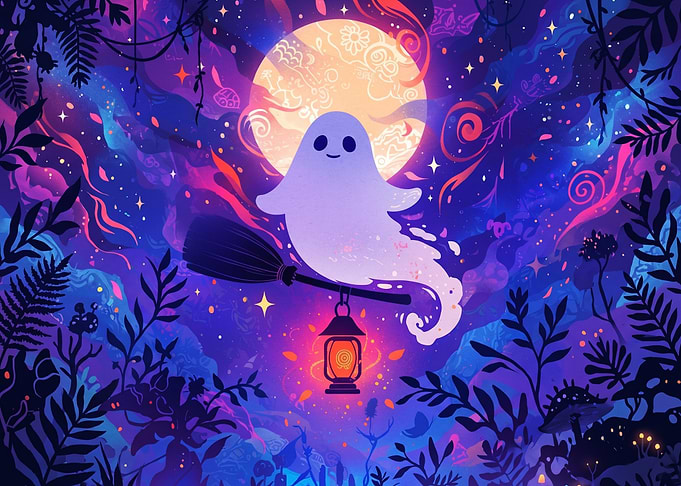 Cute Ghost Flying on a Broomstick