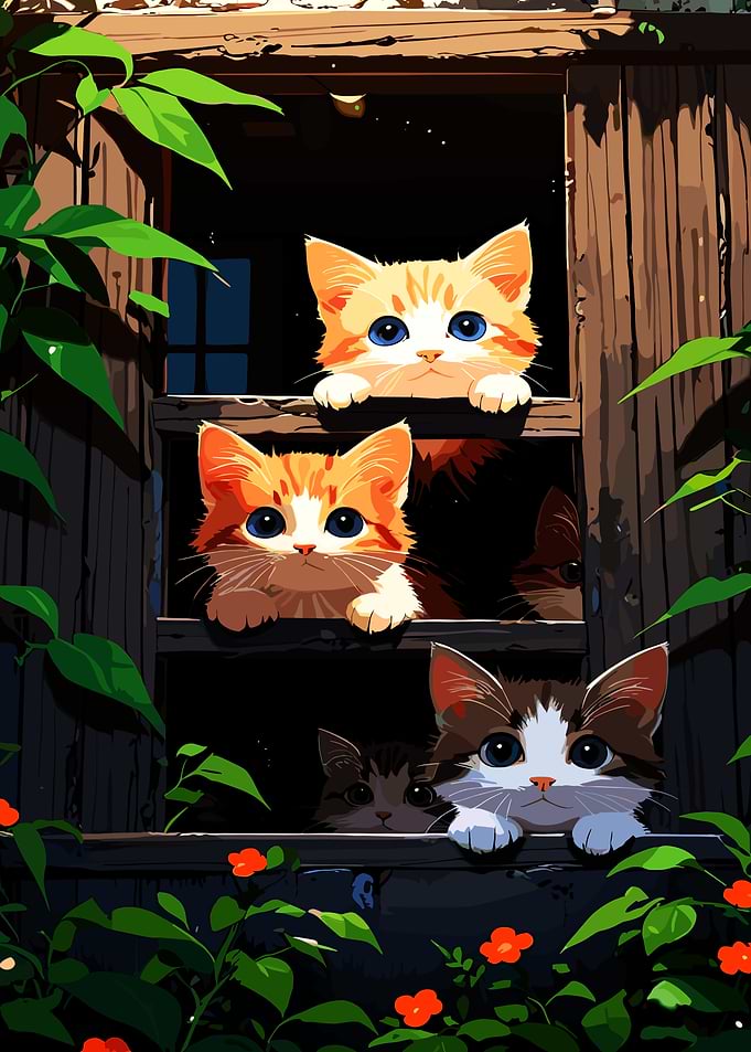 Kittens Peeking Out of Wooden Structure