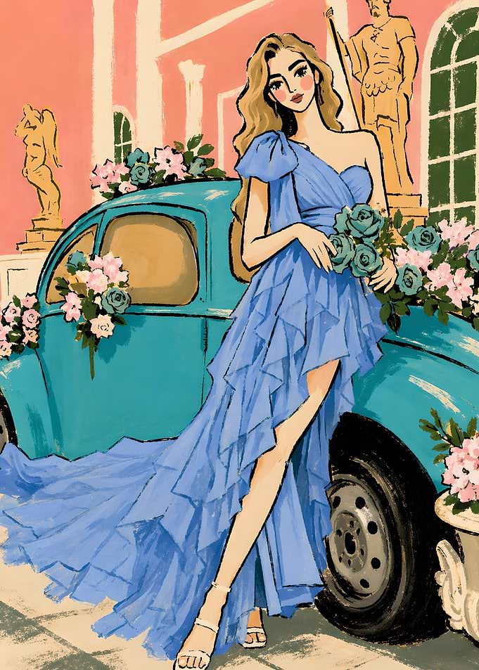 Woman in Blue Dress with Car and Flowers