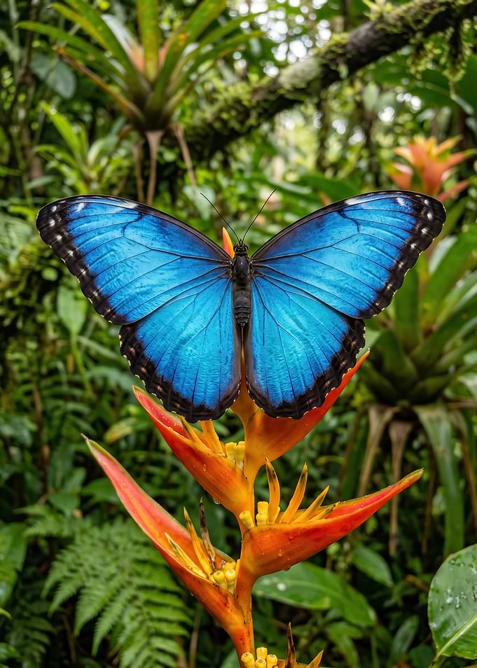 Blue Morpho Butterfly on Heliconia Flower