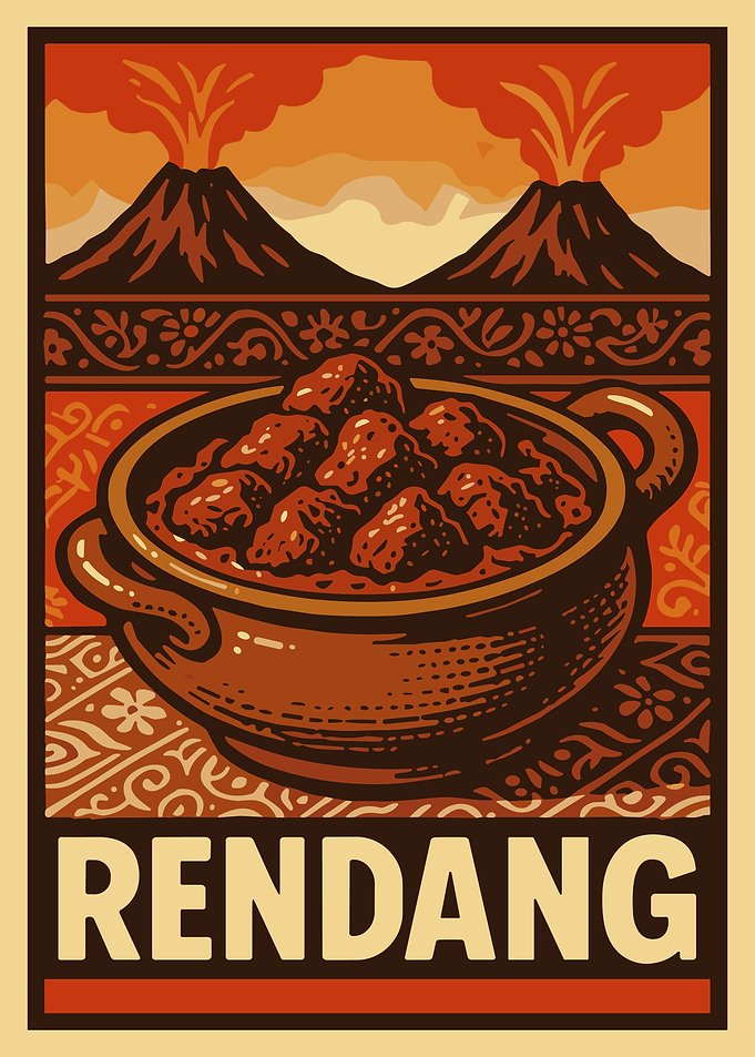 Rendang Indonesian Food Poster - Vintage Culinary Wall Art with Volcanic Landscape