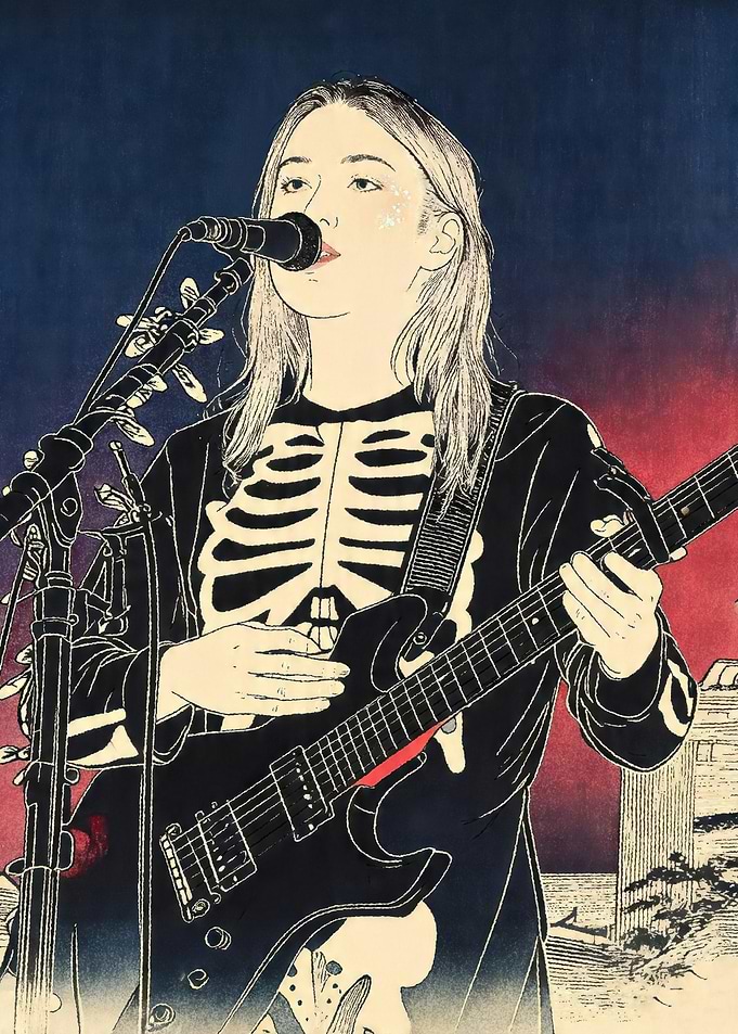 Woman in Skeleton Costume Playing Guitar