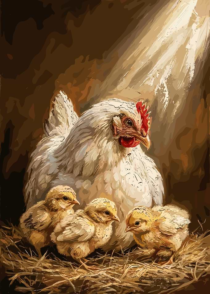 Mother Hen and Chicks in Hay