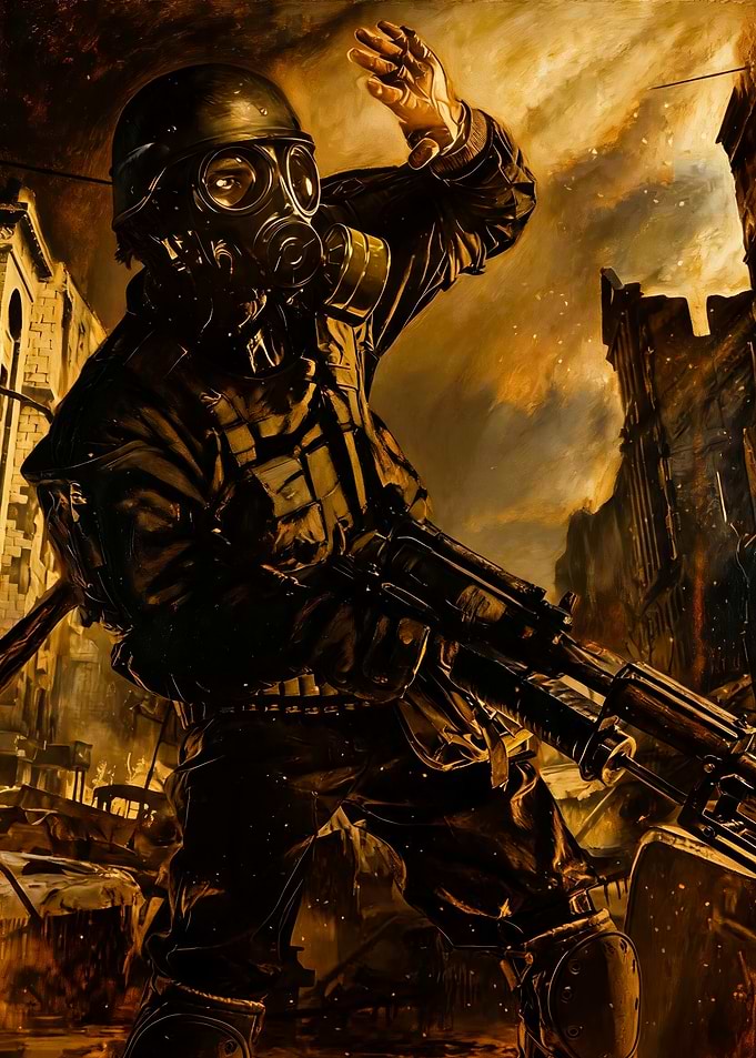 Soldier in Gas Mask in Ruined City