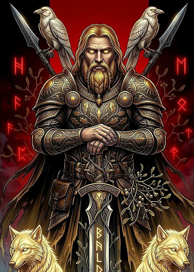 Norse God Odin with Ravens and Wolves