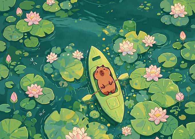 Capybara Kayaking Among Water Lilies