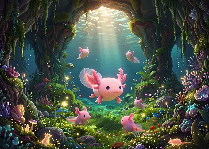 Cute Axolotls in Magical Underwater Forest