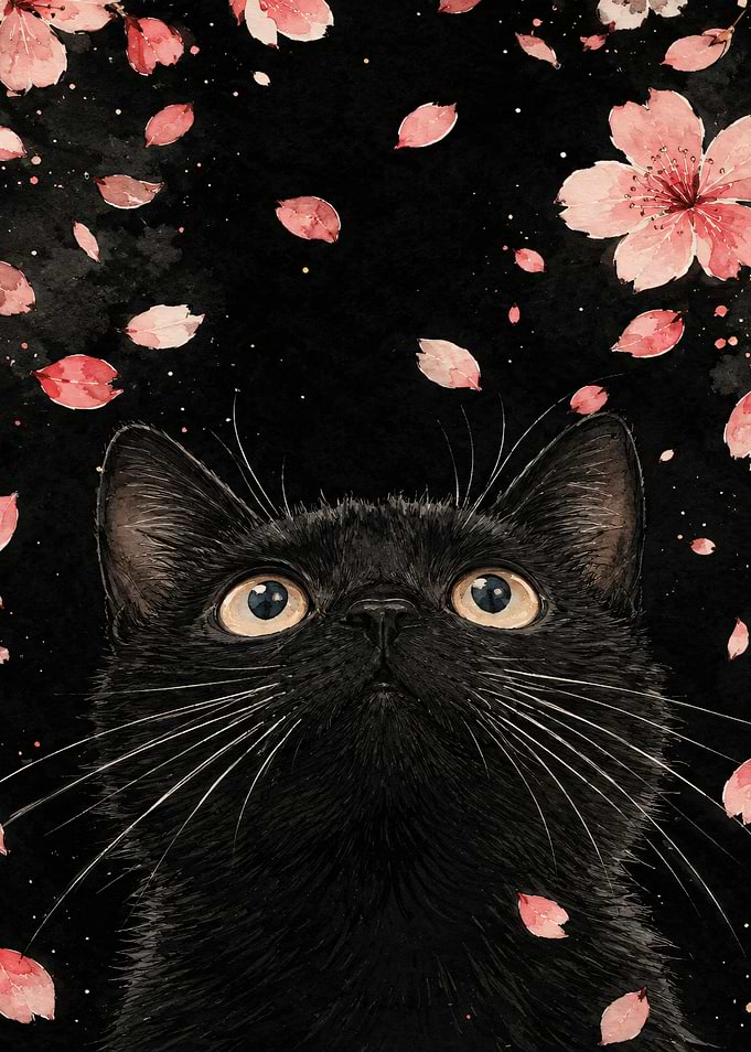 Black Cat with Cherry Blossoms