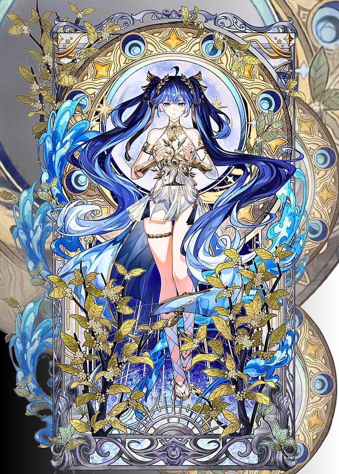 Anime Girl with Blue Hair and Water Elements