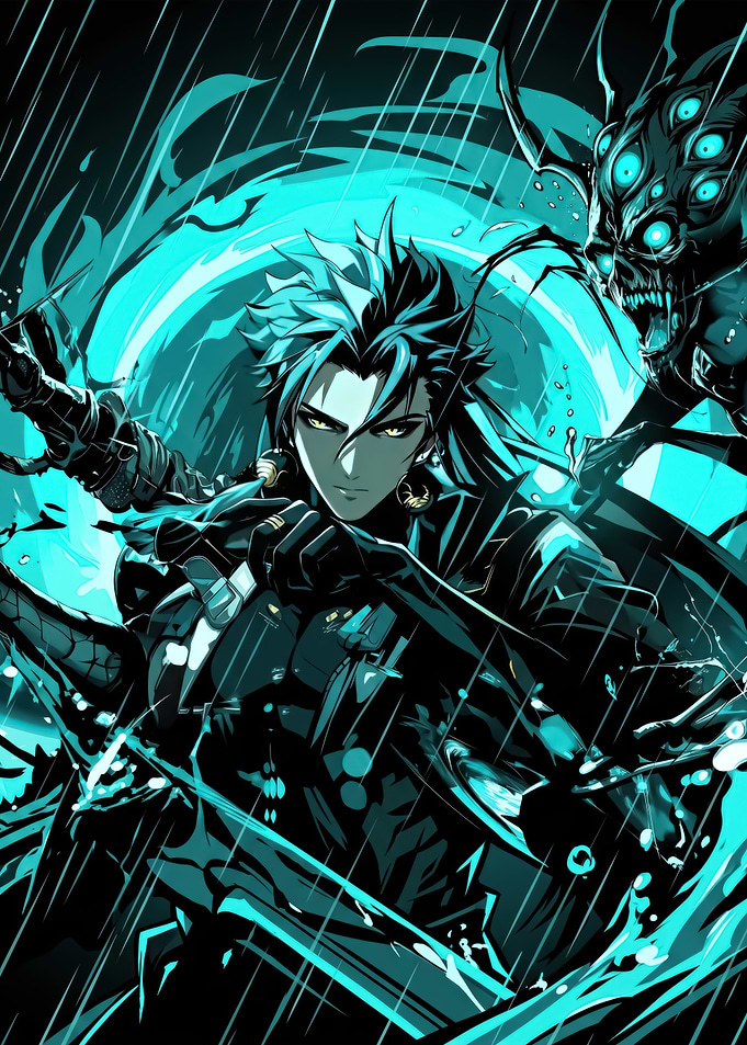 Anime warrior fighting a monster in the rain