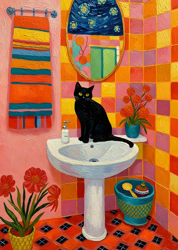 Black Cat in a Colorful Bathroom