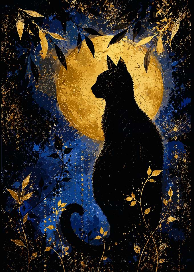 Black Cat Silhouette Under Golden Moon