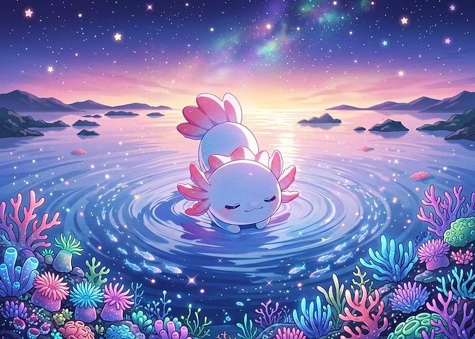 Cute Axolotl in Starry Galaxy Water