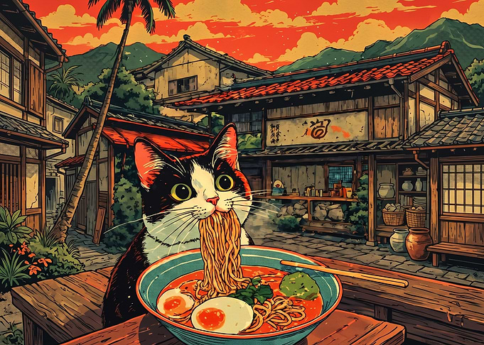 Cat eating ramen in Japan