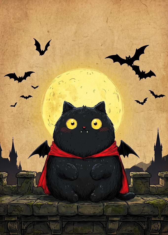 Cute Black Cat Vampire with Bats