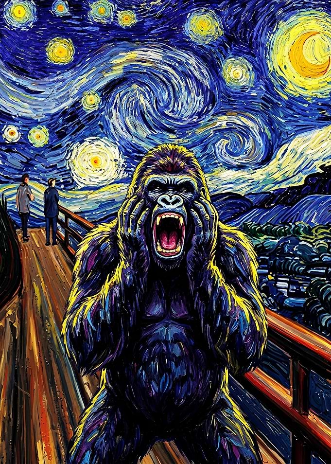 Gorilla Screaming in Starry Night