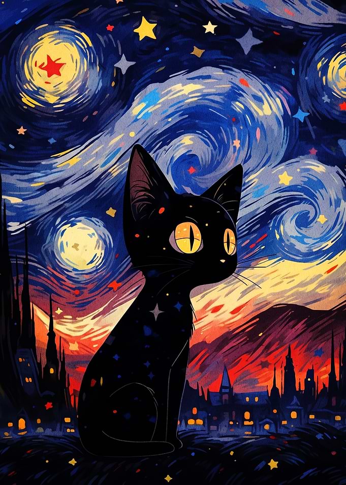 Black Cat Under Starry Night Sky