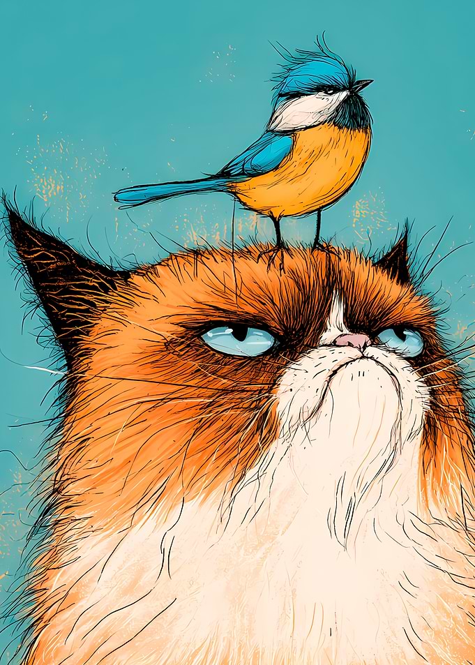 Grumpy Cat with Bird on Head