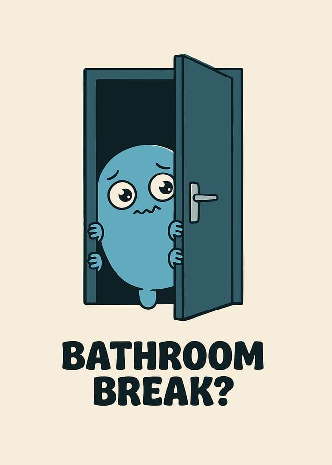 Scared blue character peeking from door