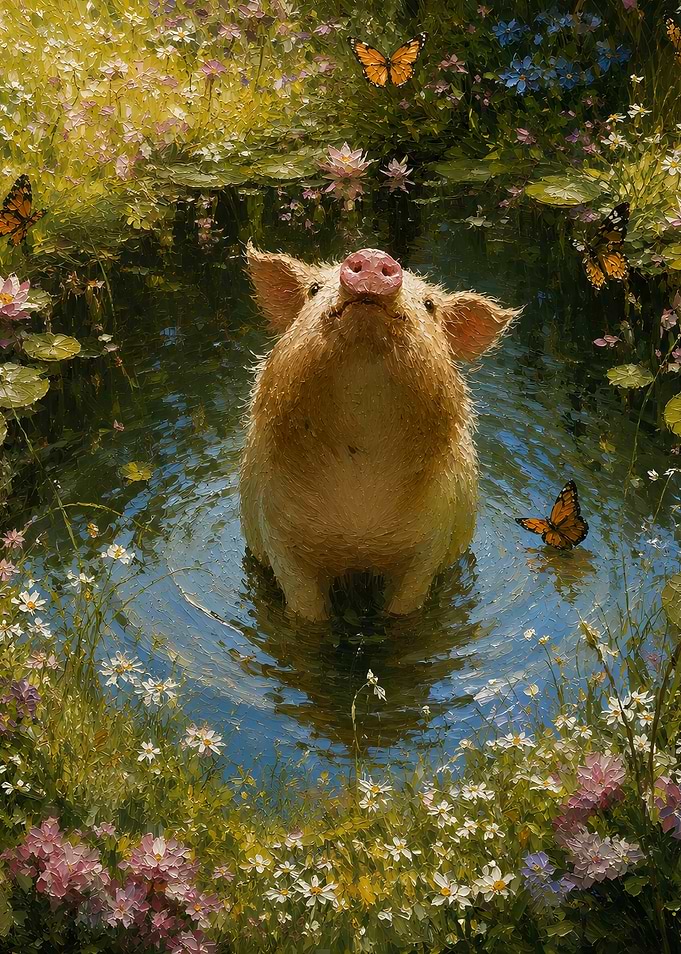 Piglet in a pond with butterflies