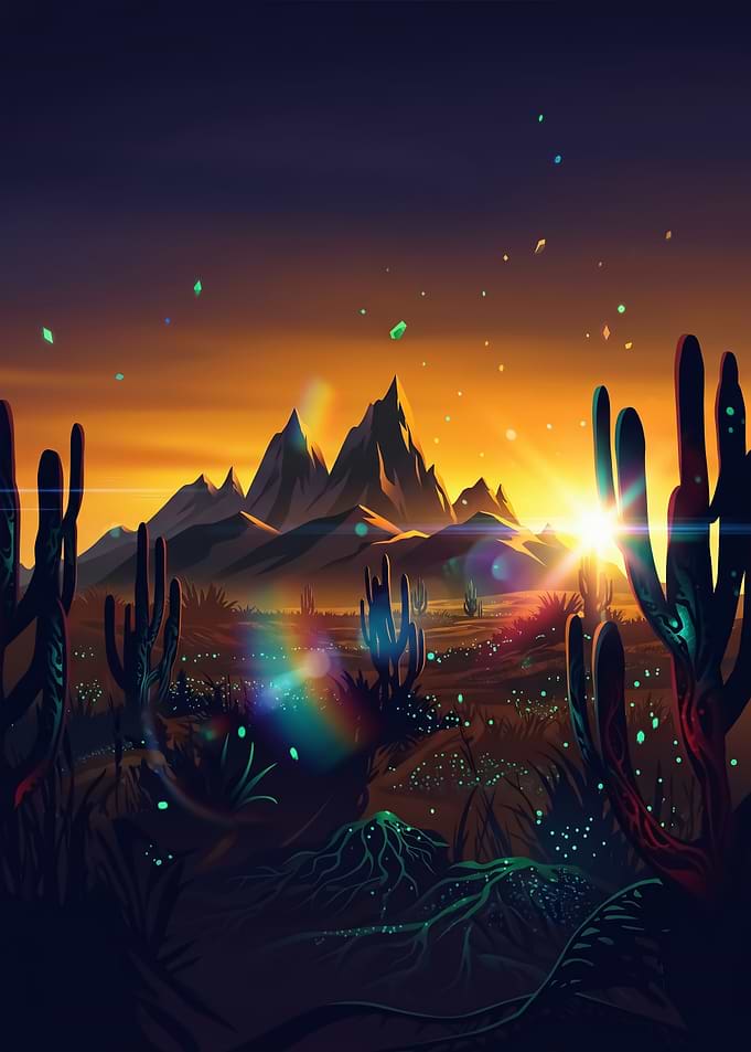 Desert Sunset with Cacti and Mountains