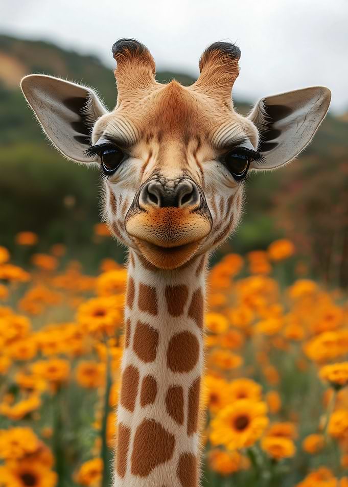 Cute Baby Giraffe in Flower Field