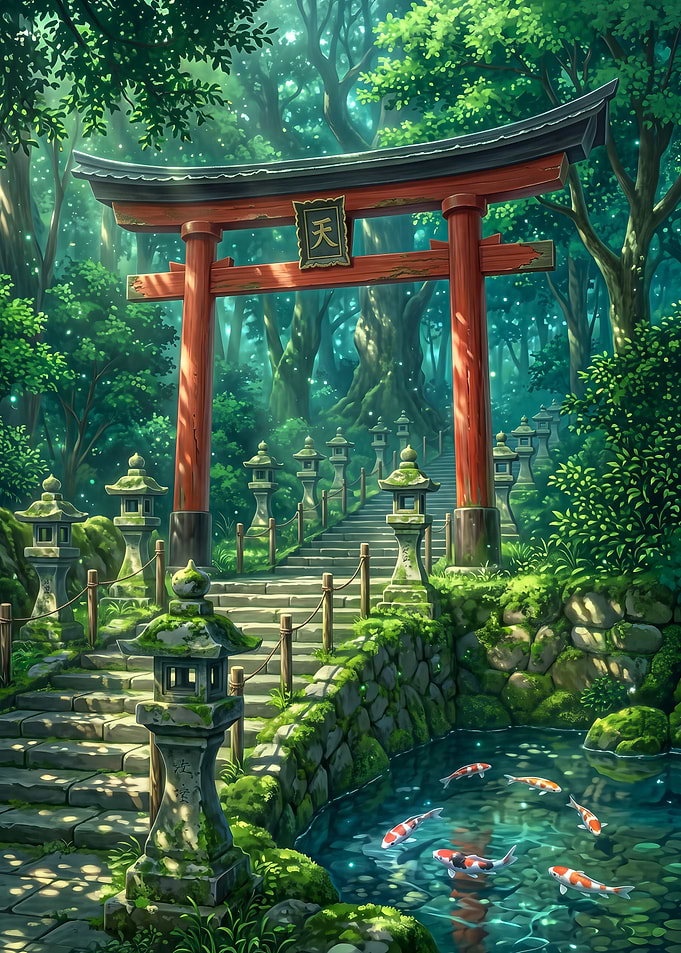 Forest Shrine with Turquoise Koi Pond