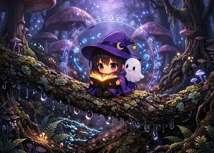 Chibi Witch Reading a Spellbook with a Ghost