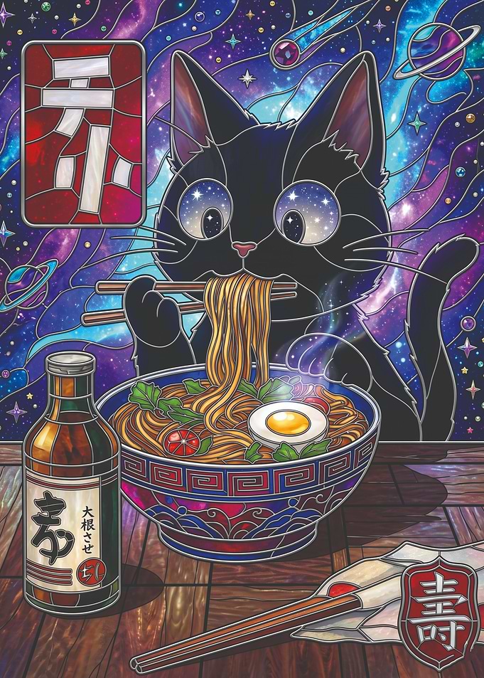 Black Cat Eating Ramen in Space
