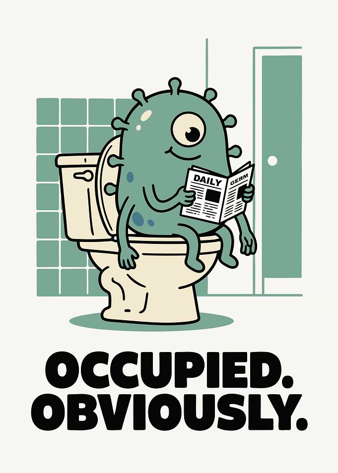 Germ character on toilet reading newspaper
