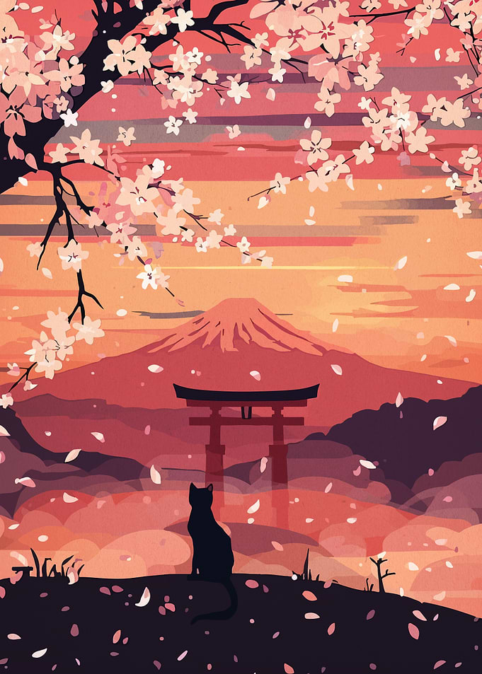 Cat Watching Cherry Blossoms Fall