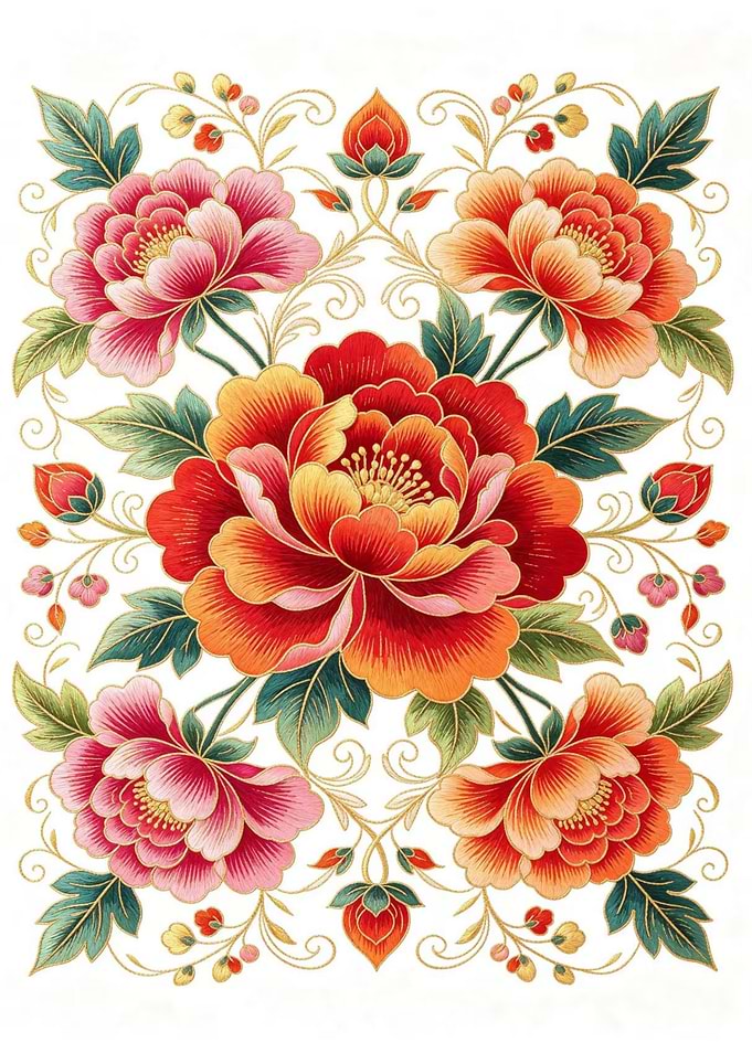Embroidery Style Peony Floral Design