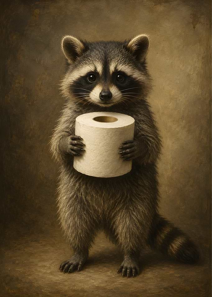 Cute raccoon holding toilet paper