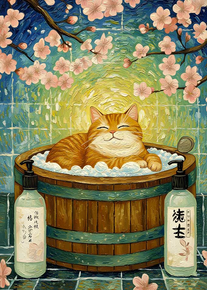 Cat Bathing in Cherry Blossom Garden