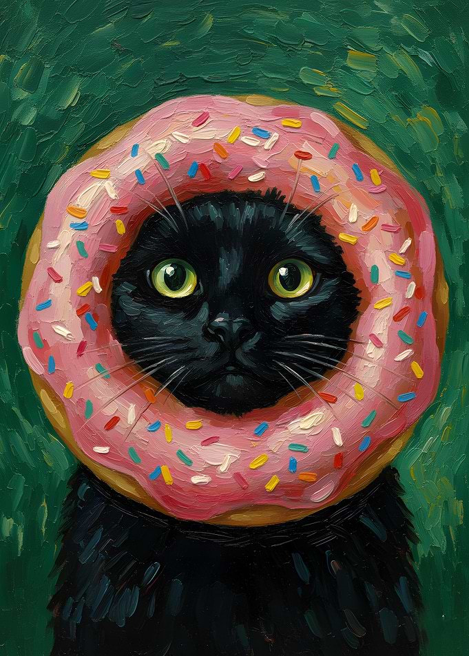 Black Cat with Donut on Head