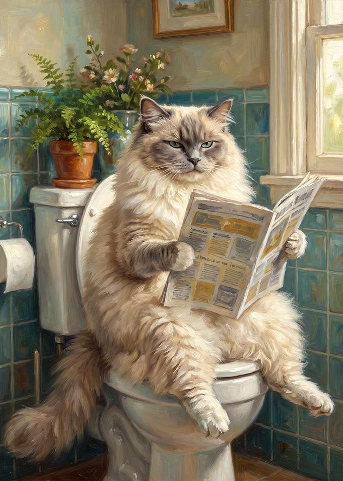 Ragdoll Cat reading newspaper on toilet