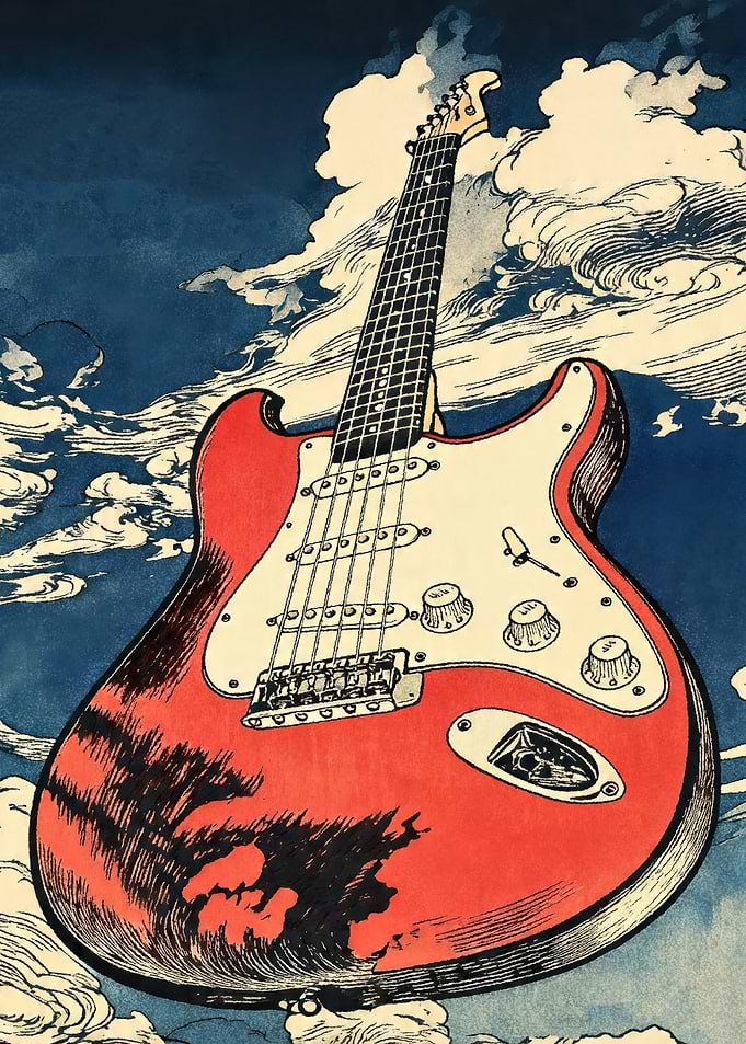 Red Electric Guitar in Clouds
