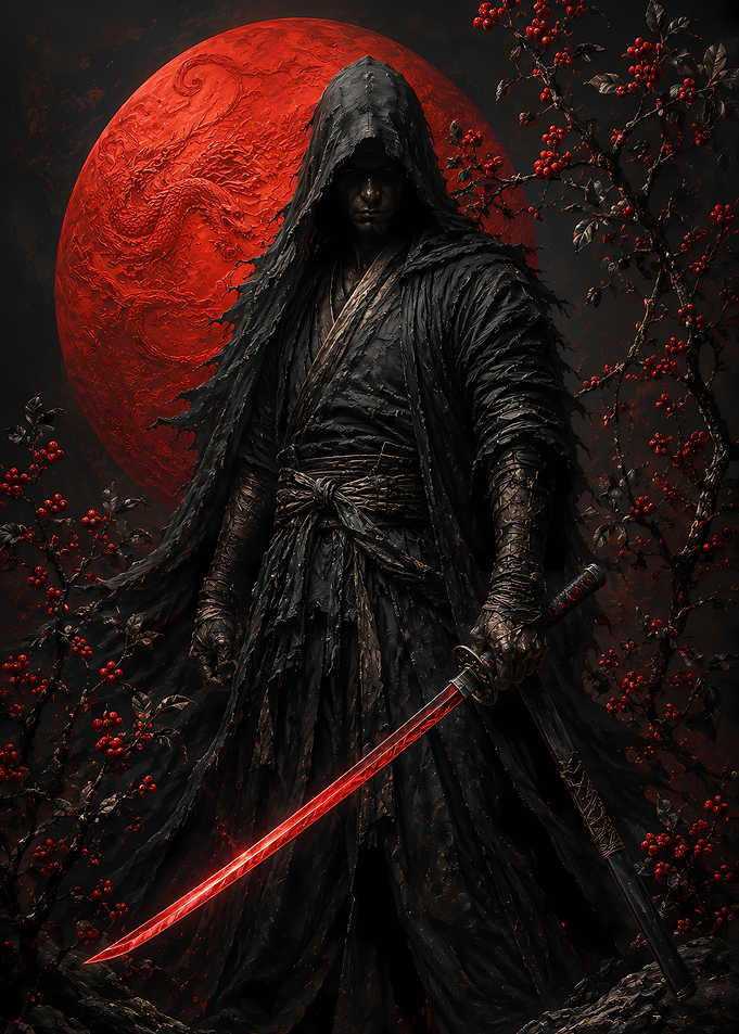 Mysterious hooded figure with glowing sword