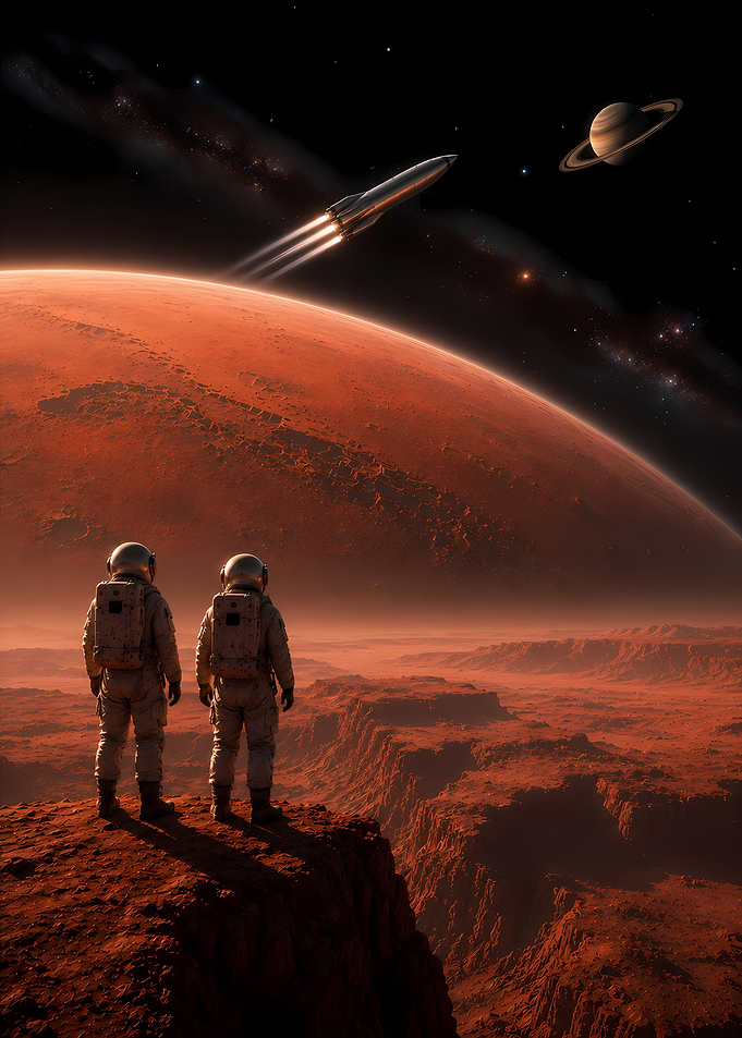 Astronauts on Mars overlooking a canyon