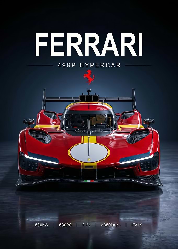 sleek race Ferrari 499P Hypercar car poster
