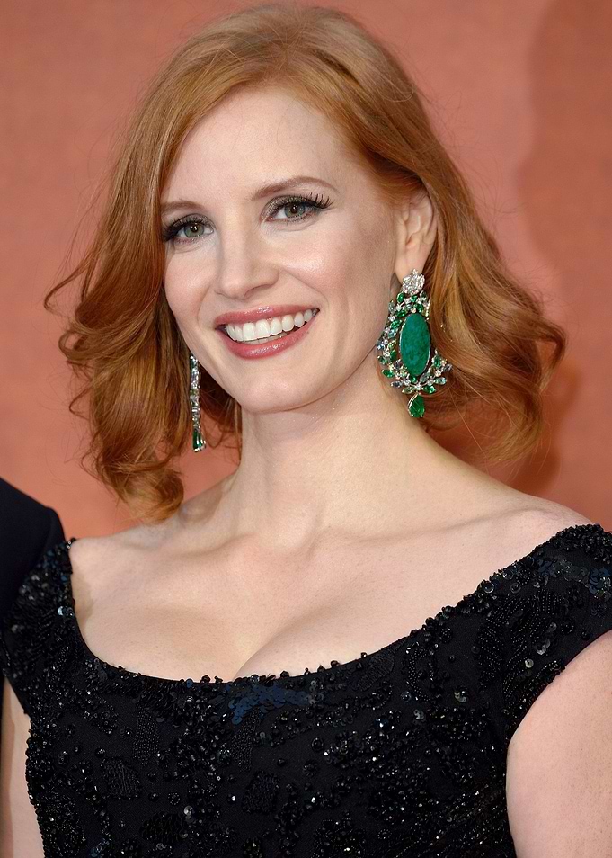 Jessica Chastain in Black Gown and Emerald Earrings
